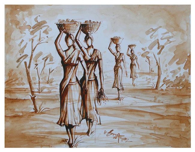 Peinture intitulée "Indian Village women" par Selva, Œuvre d'art originale