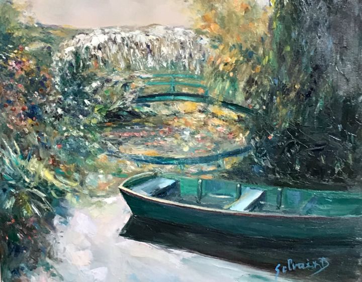 Peinture intitulée "Giverny, la barque" par Bernard Selvaix, Œuvre d'art originale, Huile Monté sur Châssis en bois