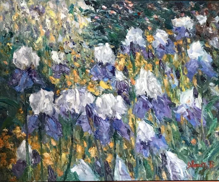 Peinture intitulée "Giverny, les iris" par Bernard Selvaix, Œuvre d'art originale, Huile Monté sur Châssis en bois