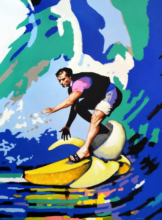 Peinture intitulée "Banana Surfer" par Evgen Semenyuk, Œuvre d'art originale, Huile