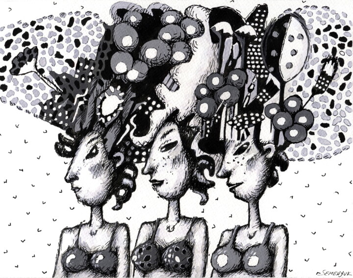 Drawing titled "Girls from Ipanema" by Evgen Semenyuk, Original Artwork, Ink