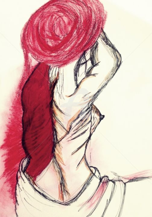 Painting titled "woman with red" by Semihaoner, Original Artwork, Pastel