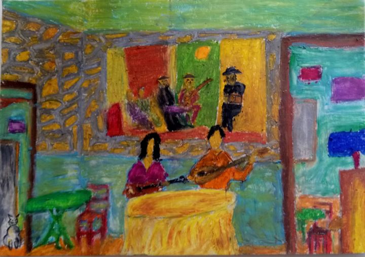 Painting titled "Taverna .jpg" by Giorgos Staurakelles, Original Artwork, Pastel