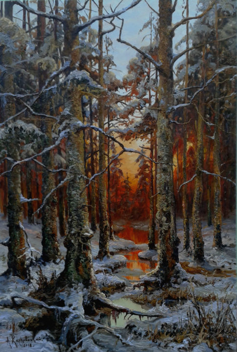 Painting titled "Sunset in winter" by Artur Karkovskiy, Original Artwork, Oil