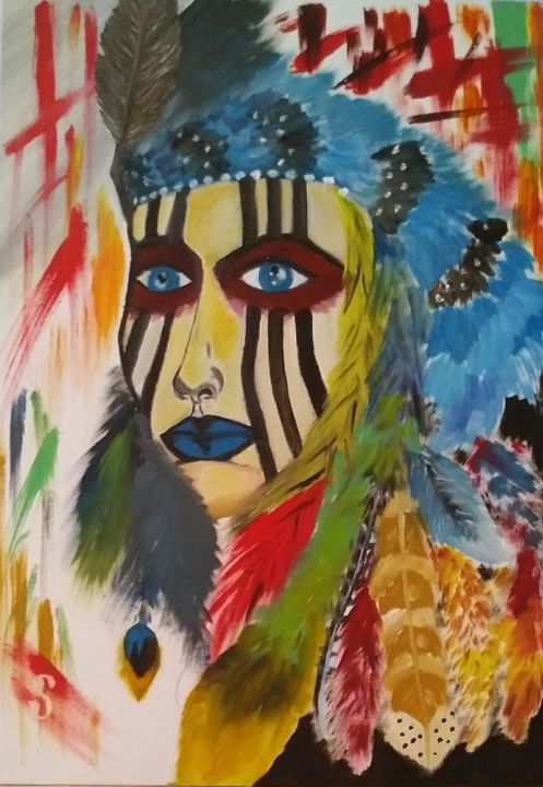 Картина под названием "Индеец готовится к…" - Jane White, Подлинное произведение искусства, Масло