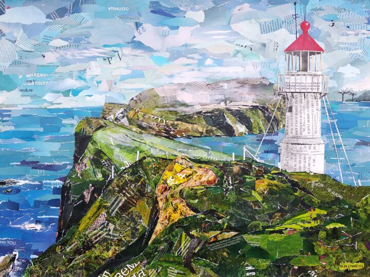 Collages getiteld "Lighthouse" door Olga Sennikova, Origineel Kunstwerk, Collages Gemonteerd op Frame voor houten brancard