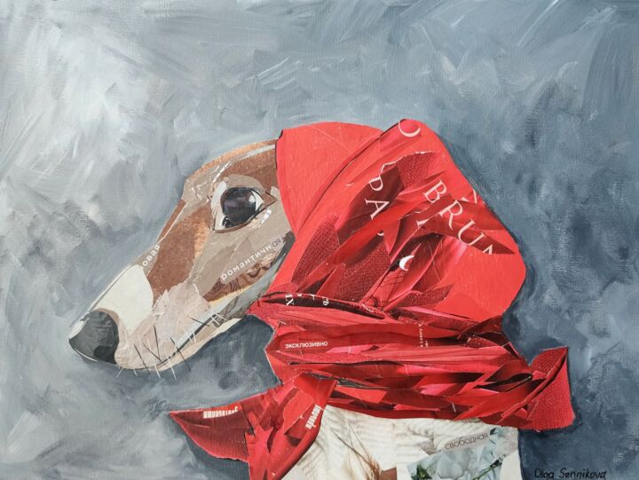 Collages getiteld "Lady dog" door Olga Sennikova, Origineel Kunstwerk, Collages Gemonteerd op Karton