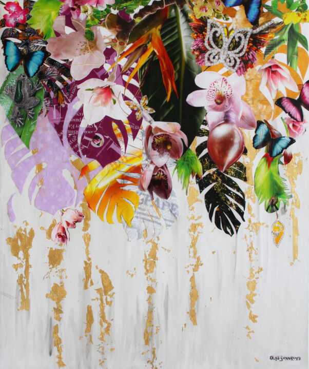 Collages getiteld "Rainforest" door Olga Sennikova, Origineel Kunstwerk, Collages Gemonteerd op Frame voor houten brancard