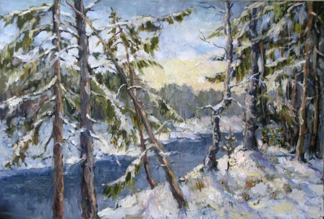 Peinture intitulée "Лесистый берег зимой" par Larisa Serebrennikova, Œuvre d'art originale, Huile