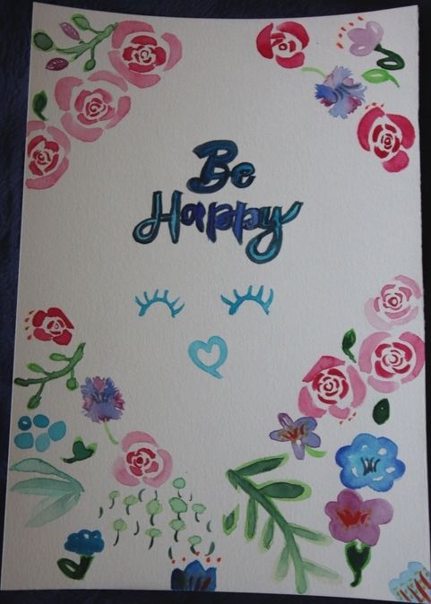 Painting titled "Affiche Be Happy" by Serenamente-Fr, Original Artwork, Watercolor