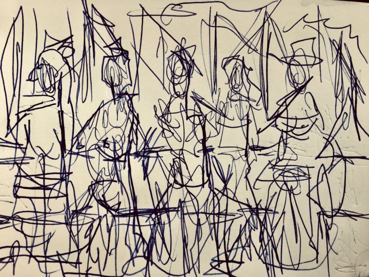 Peinture intitulée "Femmes en terrasse…" par Serge Berry, Œuvre d'art originale, Crayon