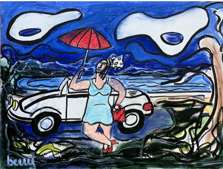 Painting titled "Escarpins, paraplui…" by Serge Berry, Original Artwork, Pastel