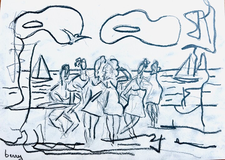 图画 标题为“Fête sur la plage” 由Serge Berry, 原创艺术品, 铅笔