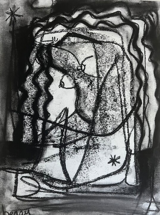 Painting titled "Femme aux si longs…" by Serge Berry, Original Artwork, Charcoal