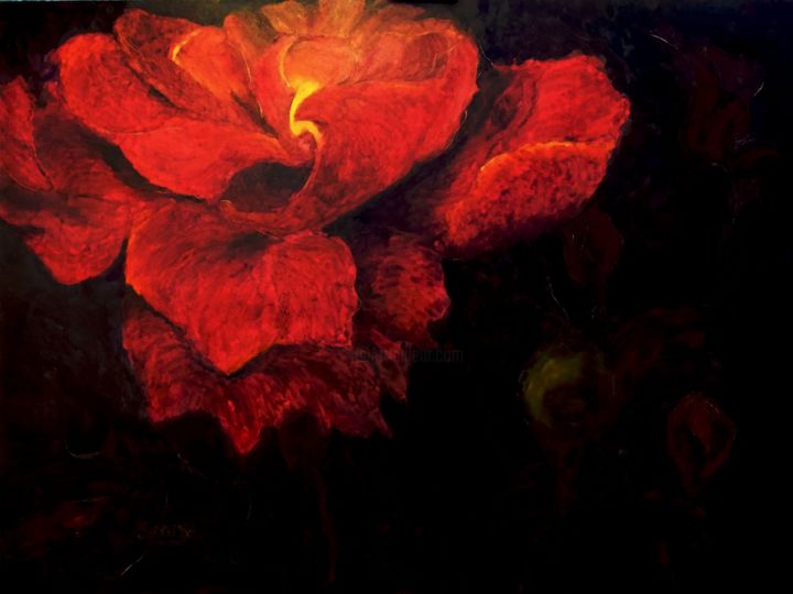 Painting titled "Rose rouge" by Serge Boisse, Original Artwork, Oil Mounted on Wood Stretcher frame