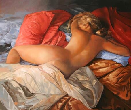 Painting titled "nus au draper rouge" by Serge Broeders, Original Artwork, Oil Mounted on Wood Stretcher frame