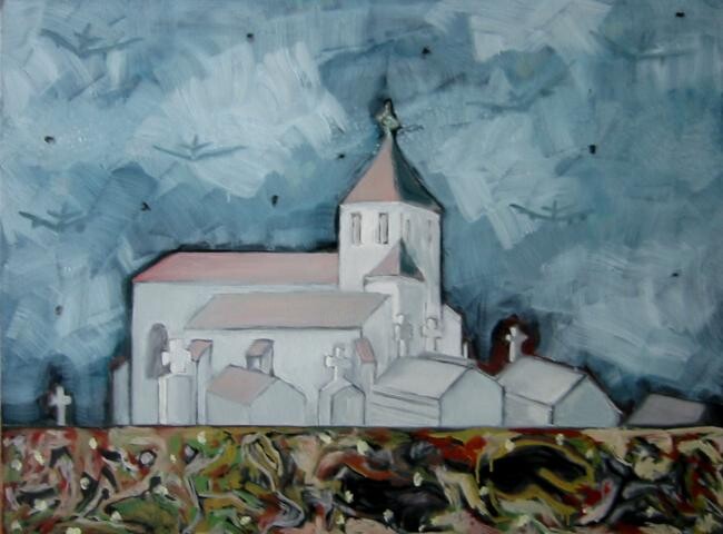 Schilderij getiteld "L'église de Villefr…" door Serge De Backer, Origineel Kunstwerk, Olie