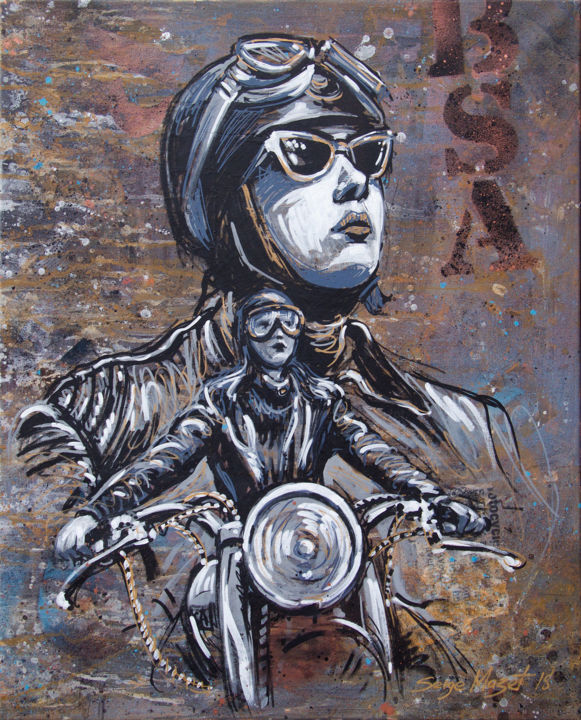 Painting titled "Moto Girl - La fill…" by Serge Mazet, Original Artwork, Acrylic