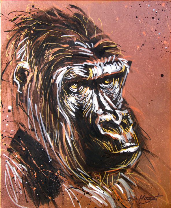 Painting titled "Gorille Portrait" by Serge Mazet, Original Artwork, Acrylic