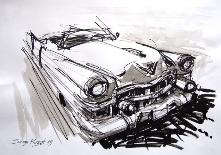 Drawing titled "Cadillac" by Serge Mazet, Original Artwork, Ink