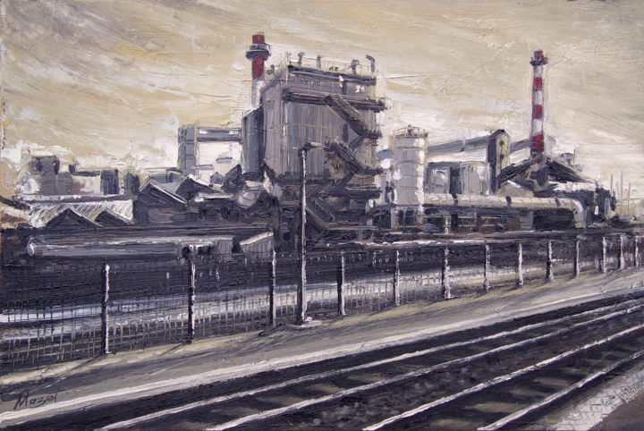 Malerei mit dem Titel "Usine" von Serge Mazet, Original-Kunstwerk, Öl