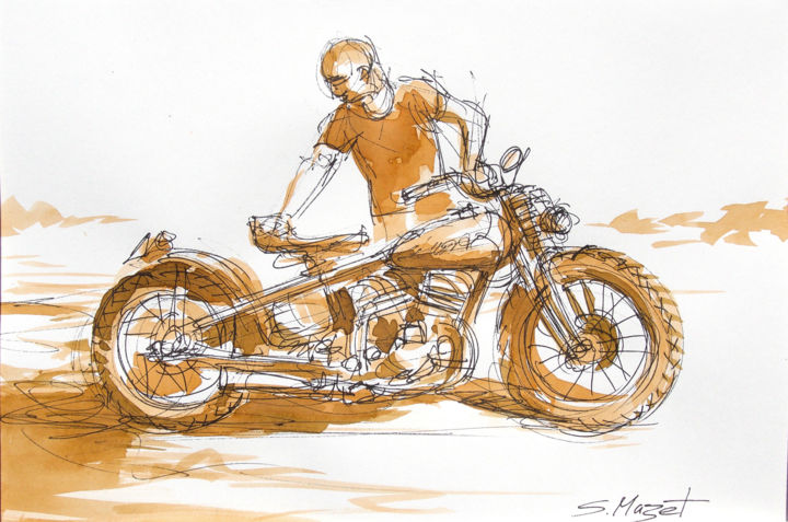 Zeichnungen mit dem Titel "Bobber Harley David…" von Serge Mazet, Original-Kunstwerk, Tinte