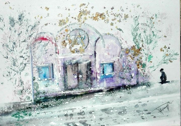 「Schtetl Synagogue」というタイトルの絵画 Serge Prowizurによって, オリジナルのアートワーク, アクリル