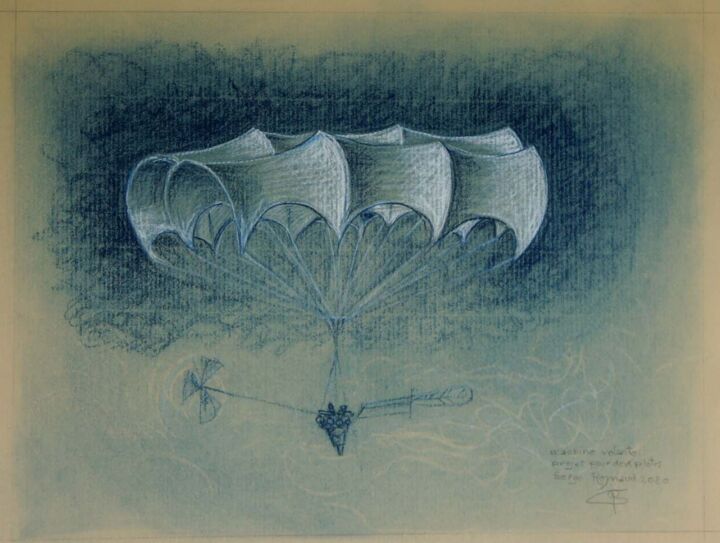 Dessin intitulée "Machine volante ave…" par Serge Reynaud (Art of Flying), Œuvre d'art originale, Pastel