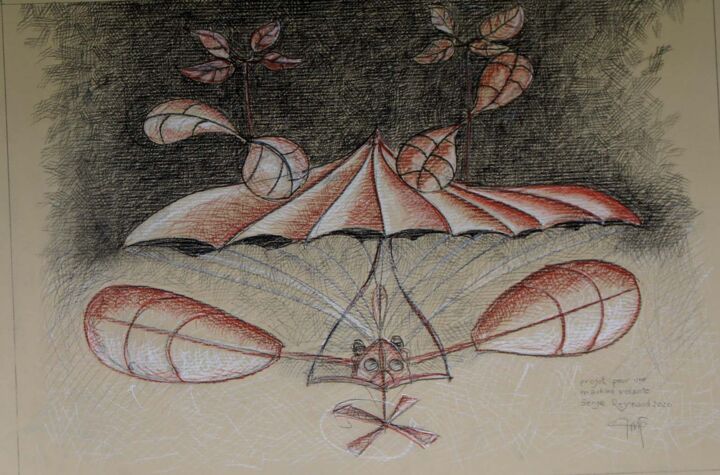 Disegno intitolato "Machine Volante à r…" da Serge Reynaud (Art of Flying), Opera d'arte originale, Matita
