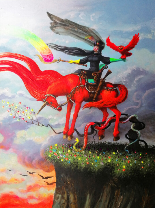 Ζωγραφική με τίτλο "Levitating Red Unic…" από Serge Sunne, Αυθεντικά έργα τέχνης, Ακρυλικό