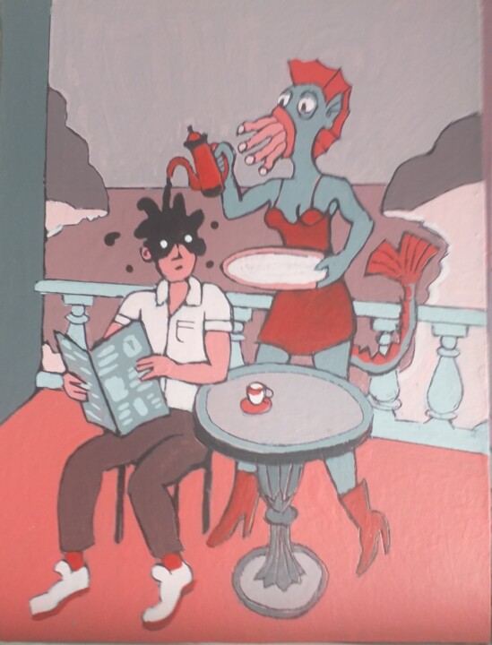 Painting titled "Dégustation de café" by Serge Voulouzan, Original Artwork, Acrylic Mounted on Cardboard