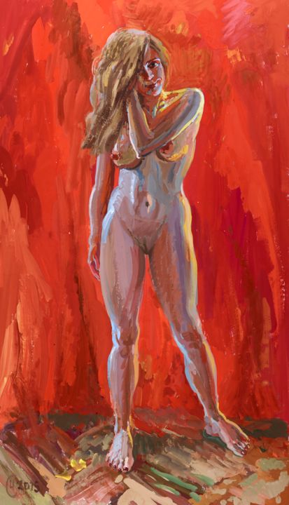 Картина под названием "Модель на красном" - Sergei Chernyshev, Подлинное произведение искусства, Гуашь