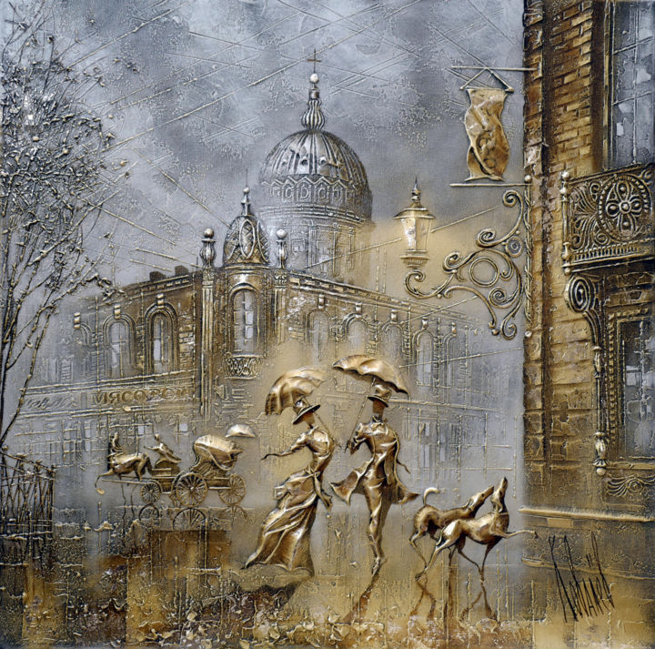 Schilderij getiteld "Rainy morning" door Sergei K, Origineel Kunstwerk, Olie