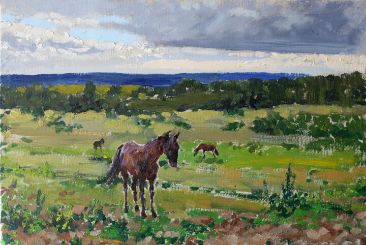 Painting titled "Landscape with a ho…" by Sergei Krupkin, Original Artwork, Oil