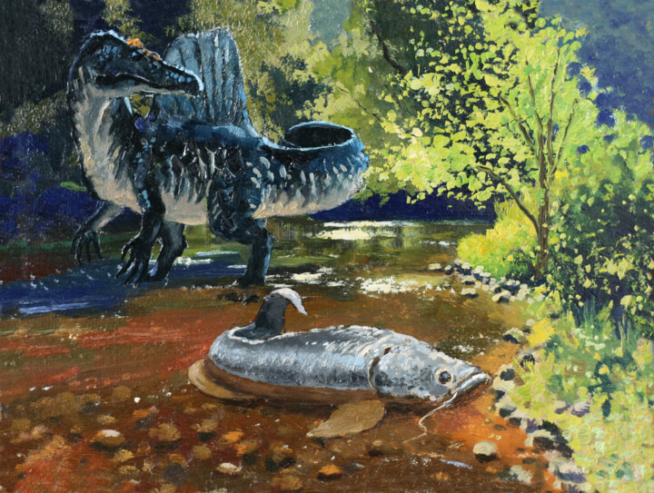 Pintura titulada "Spinosaurus Luck in…" por Sergei Krupkin, Obra de arte original, Oleo