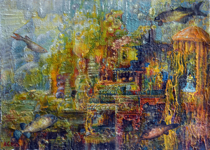 Painting titled "Palace of jellyfish…" by Sergei Lisitsyn, Original Artwork, Oil Mounted on Cardboard