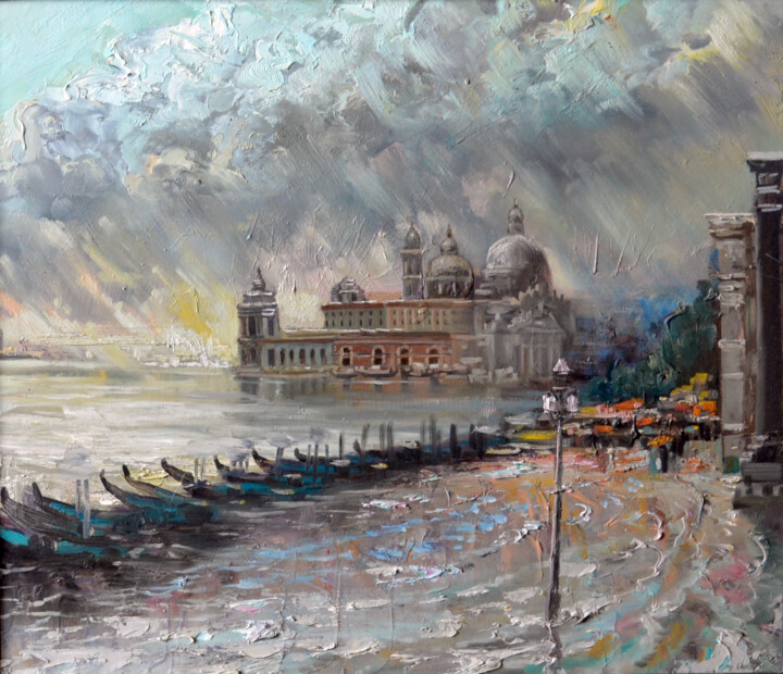 Painting titled "Flooding in Venice" by Sergei Lisitsyn, Original Artwork, Oil Mounted on Cardboard