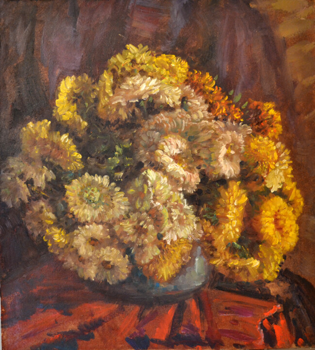 Painting titled "Bouquet sur la table" by Sergei Lisitsyn, Original Artwork, Oil Mounted on Cardboard