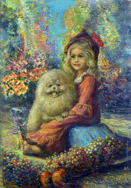 Painting titled "Girl with a dog" by Sergei Lisitsyn, Original Artwork, Oil