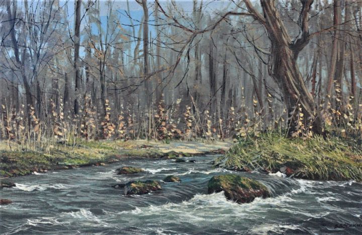 Schilderij getiteld "Mountain Creek" door Sergei Vasenkin, Origineel Kunstwerk, Olie