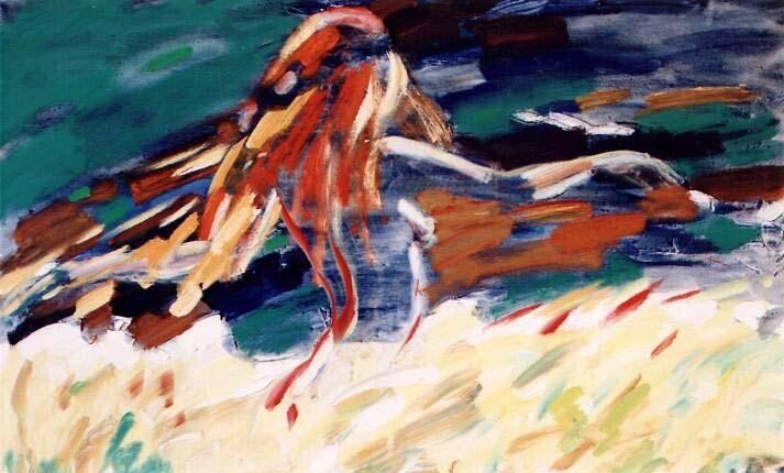 Schilderij getiteld "Running by the Field" door Sergej Jakovlev, Origineel Kunstwerk, Olie