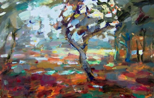 Painting titled "Autumn Scanery" by Sergej Jakovlev, Original Artwork, Oil