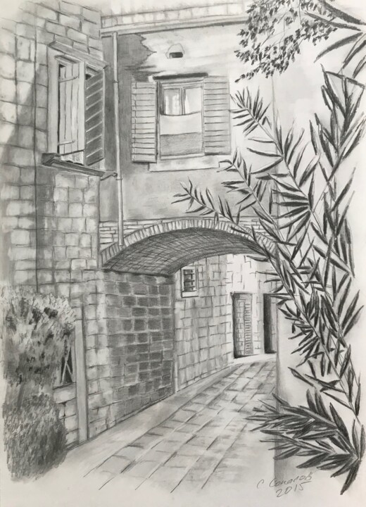 Drawing titled "Улица старого города" by Sergei Sokolov, Original Artwork, Pencil