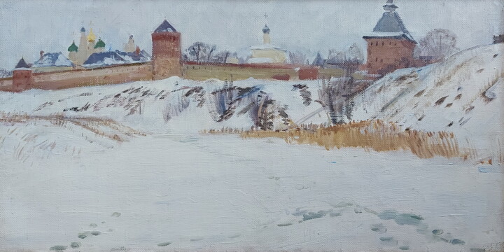 Painting titled "Зима" by Sergei Iurevich Gusev, Original Artwork, Oil Mounted on Wood Stretcher frame