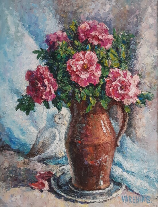 Картина под названием "Шиповник с совой" - Сергей Вареник, Подлинное произведение искусства, Масло