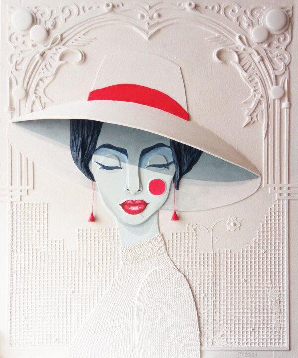 Schilderij getiteld "GIRL IN A WHITE HAT" door Sergeu Mayatski, Origineel Kunstwerk, Acryl
