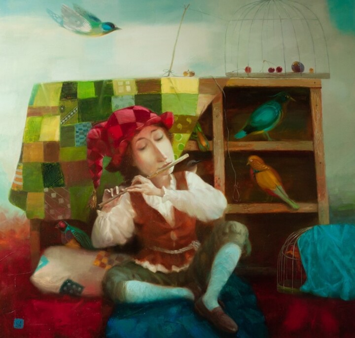 Painting titled "Bird catcher 3" by Sergey Akopov, Original Artwork, Oil Mounted on Wood Stretcher frame