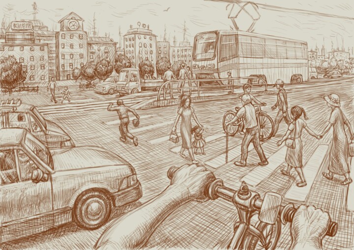 Digital Arts titled "city and people" by Sergey Badmatsirenov, Original Artwork, Digital Painting