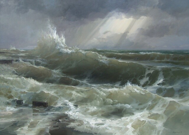 Картина под названием "Буря на Черном море" - Сергей Бровкин, Подлинное произведение искусства, Масло