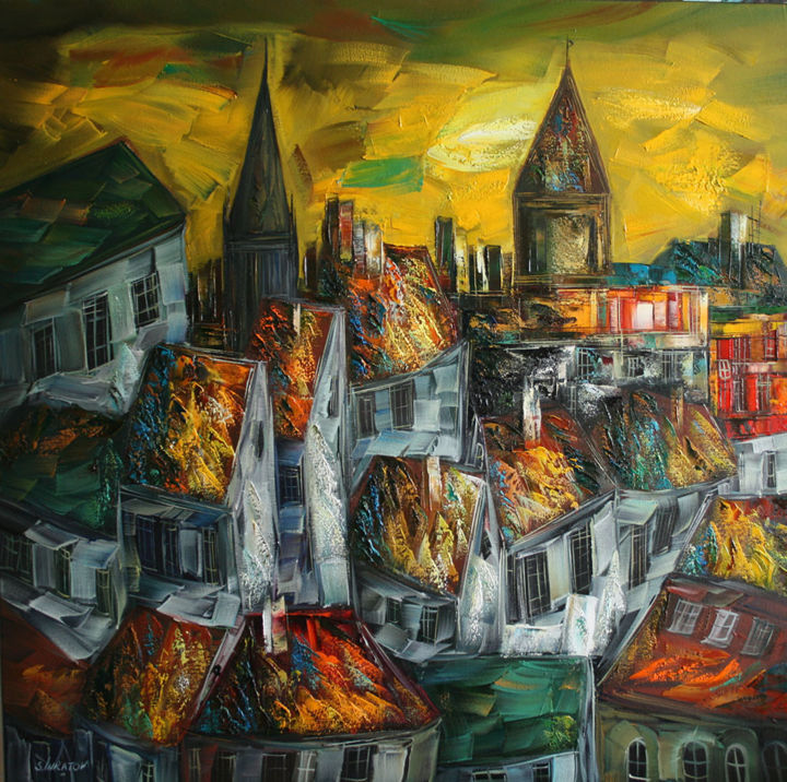 Painting titled "Golden sunset" by Sergey Inkatov, Original Artwork, Oil